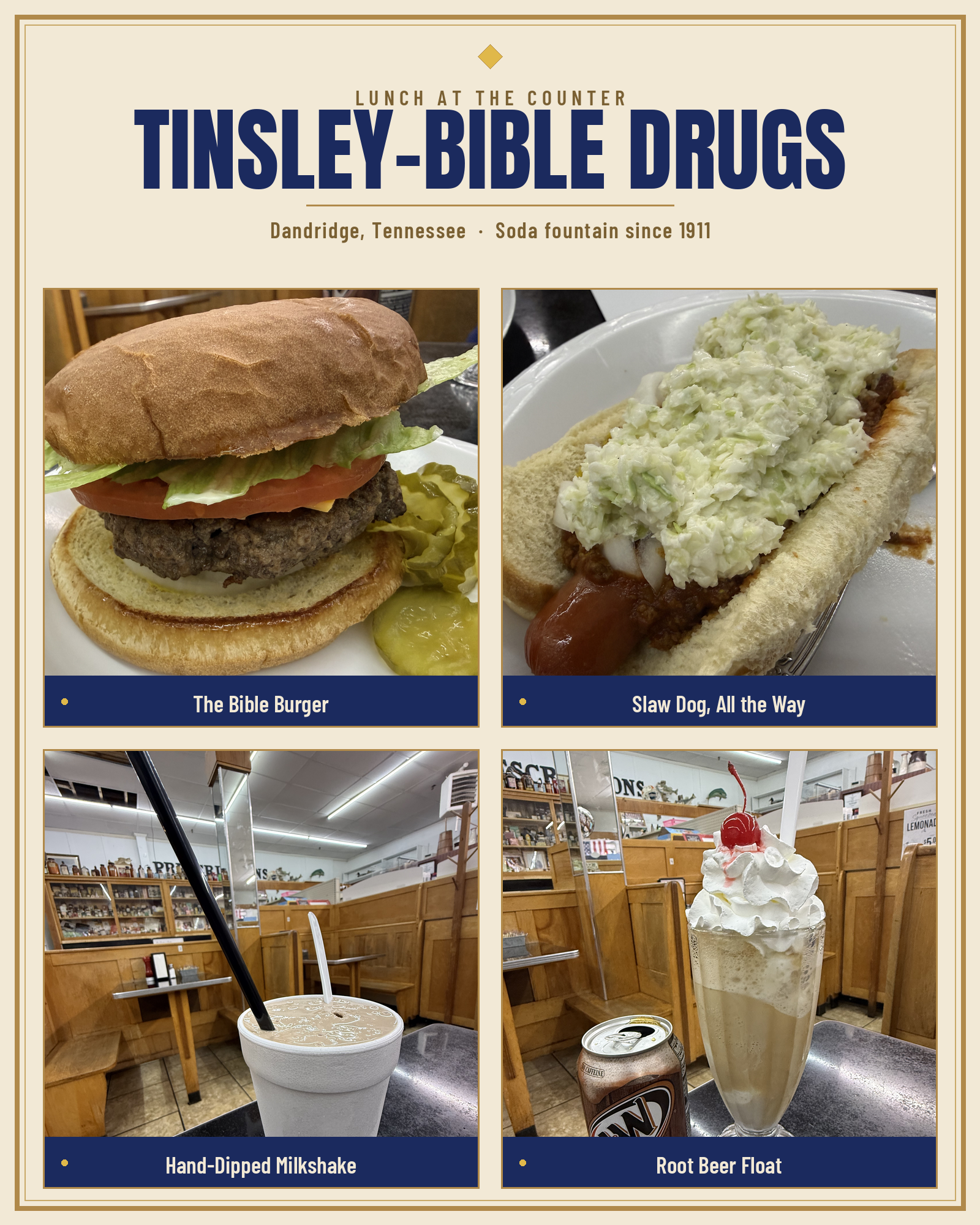 Lunch at Tinsley-Bible Drugs Lunch at Tinsley-Bible Drugs including Bible Burger, Hot dog, milkshake and root beer float