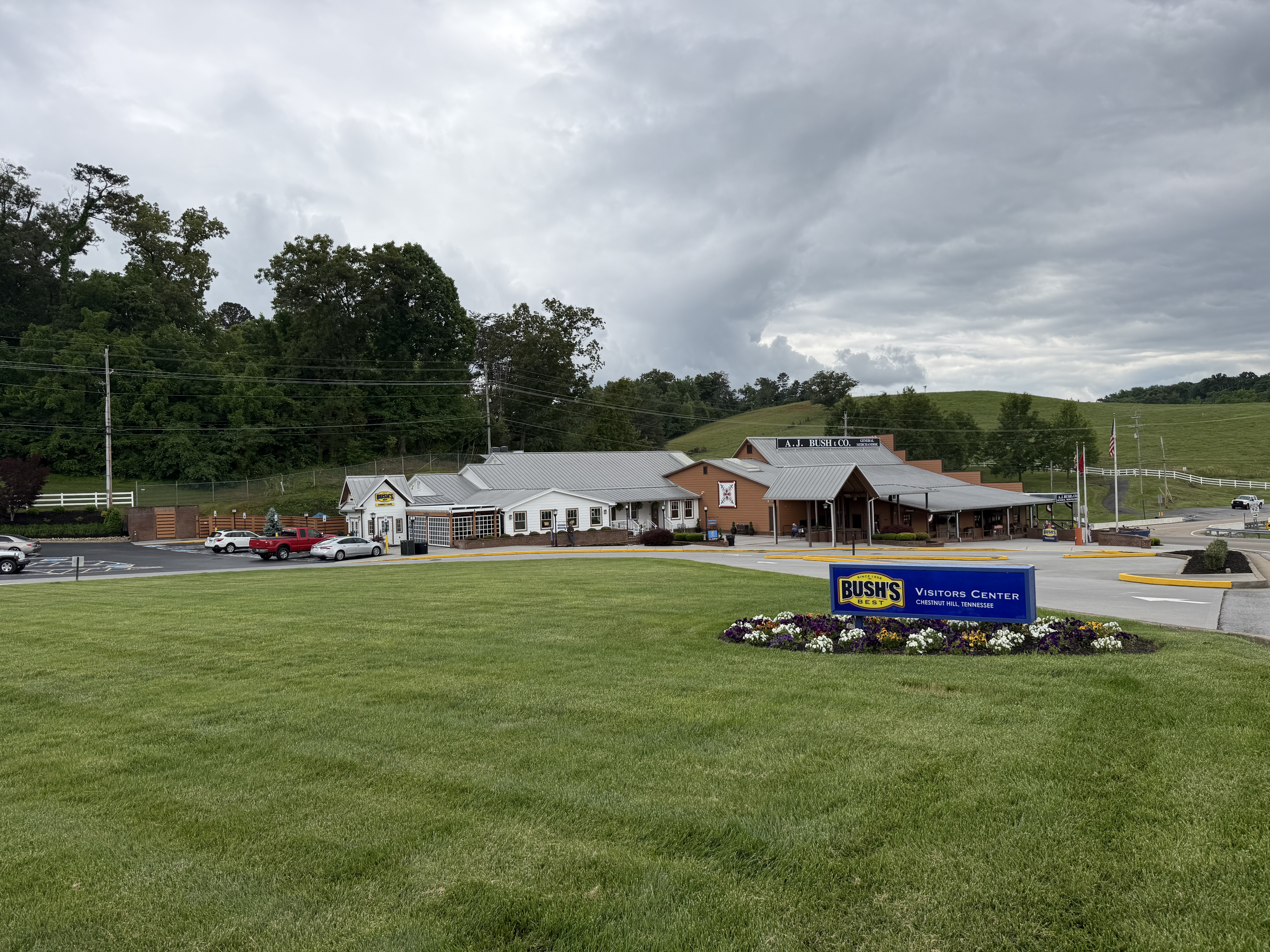 The Bush's Visitors Center and A.J. Bush & Co. building in Chestnut Hill, Tennessee. The Bush's Visitors Center and A.J. Bush & Co. building in Chestnut Hill, Tennessee, with the blue Bush's Visitors Center sign on the front lawn.