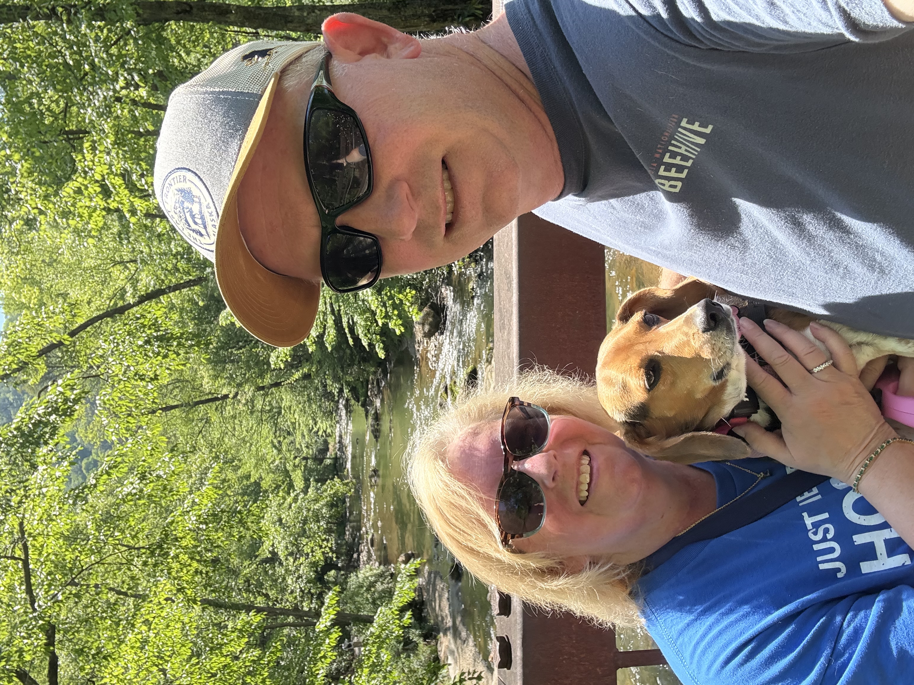 Chad Donna and Juneaux on the bridge over Laurel Creek on the Laurel Creek trail