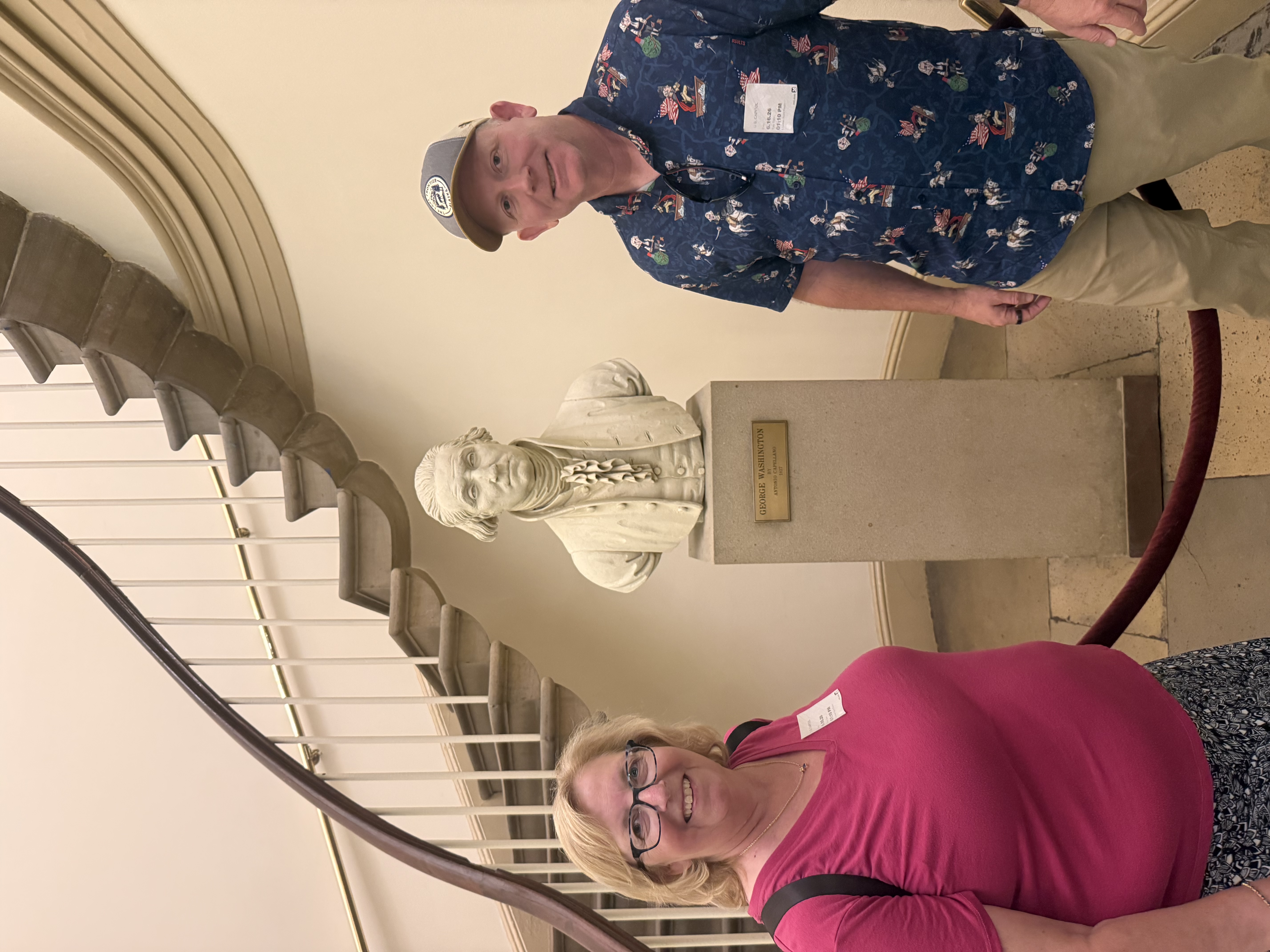 Chad and Donna with George Washington statue while Chad is wearing his George Washington shirt